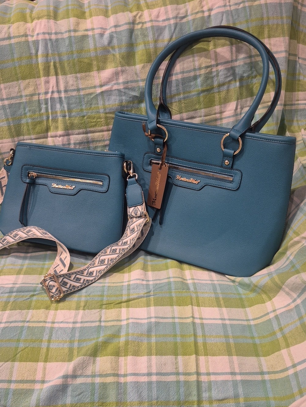 NWT Montana West Teal Blue Tote and Wristlet Set with Patterned Strap